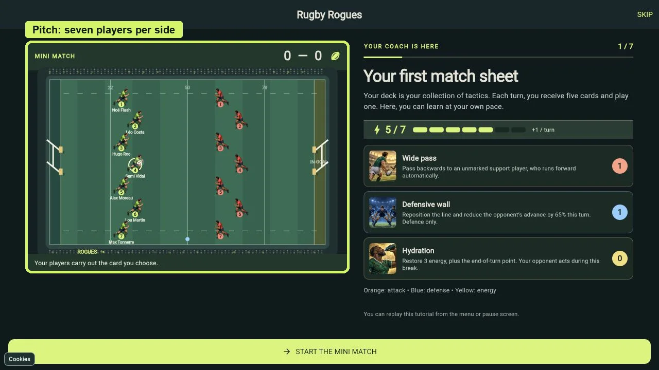Practice-match screenshot with seven green Rogues and seven red opponents on the highlighted pitch.