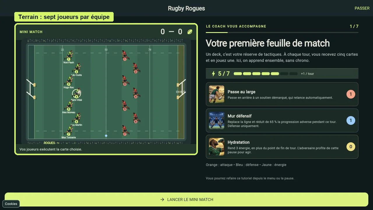 Capture du mini-match : sept Rogues verts face à sept adversaires rouges, terrain encadré.