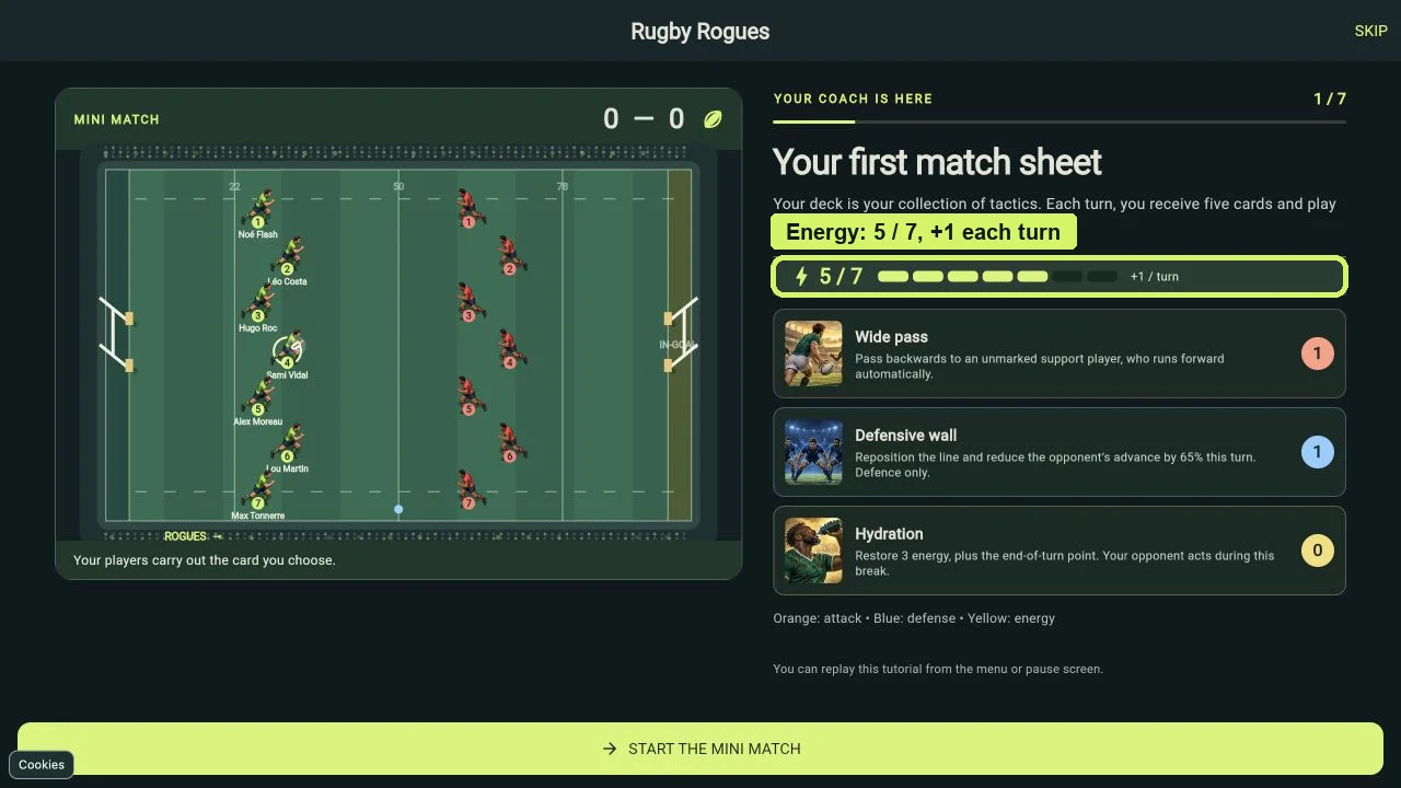 Tutorial screenshot highlighting the 5 of 7 energy meter and the one-point recovery per turn.