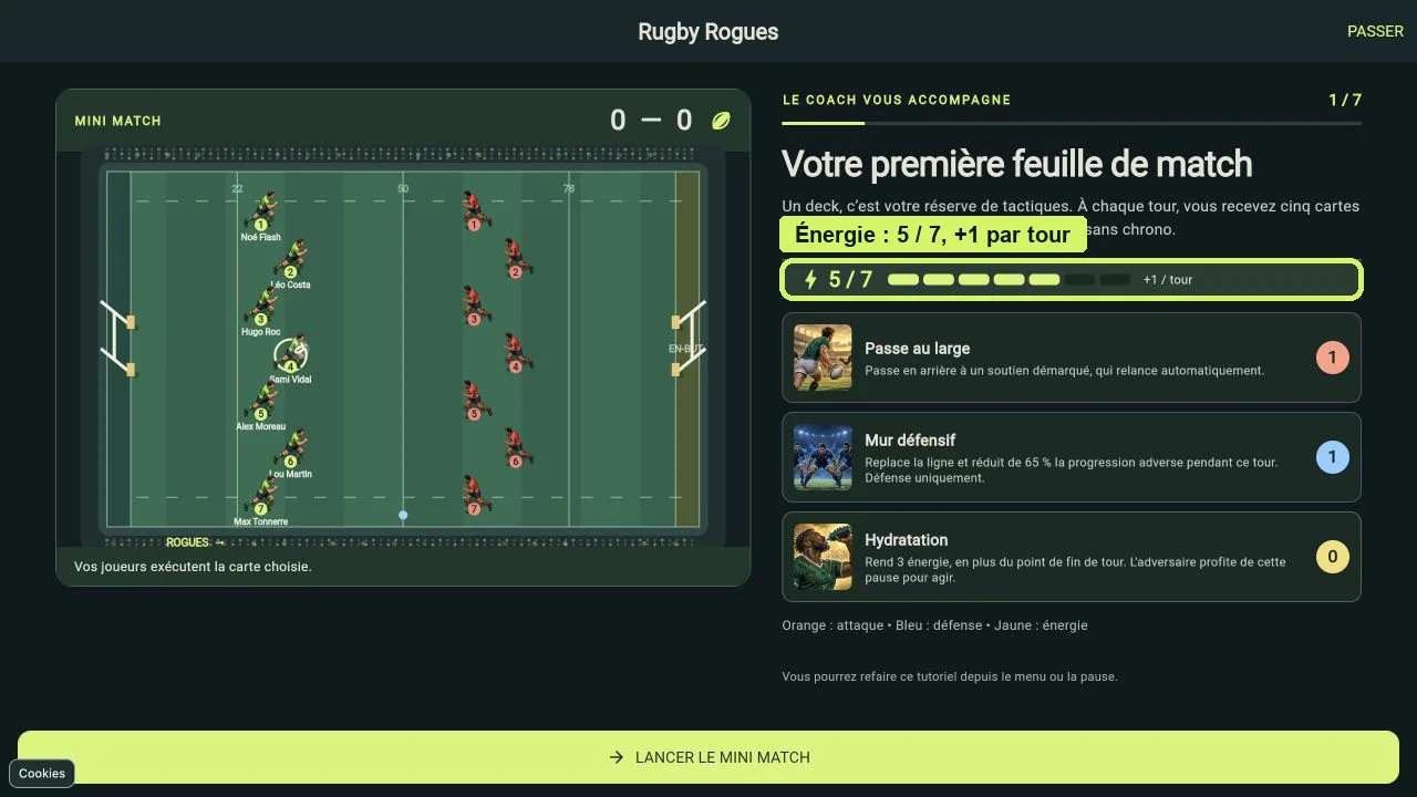 Capture du tutoriel : jauge d’énergie 5 sur 7 et gain de 1 par tour mis en évidence.